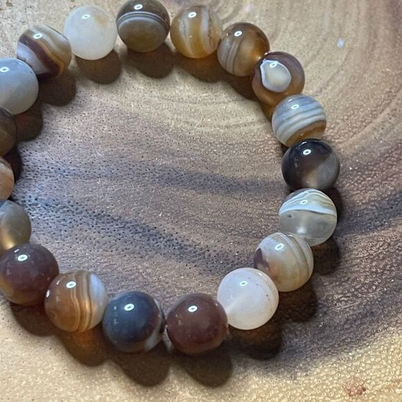 Botswana Agate beaded 10mm beads stretch bracelet striped natural dendrites dend - Picture 3 of 11